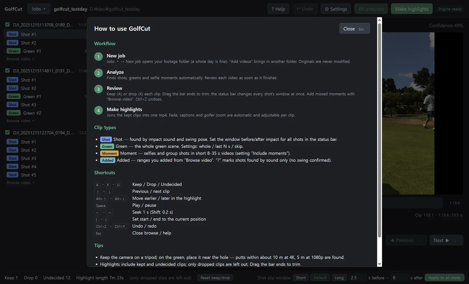 GolfCut help panel — workflow, clip types, shortcuts, tips