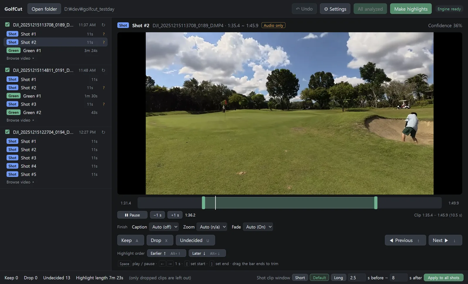 GolfCut review screen — clip list per video (shots, greens), preview, keep/drop and shot window controls
