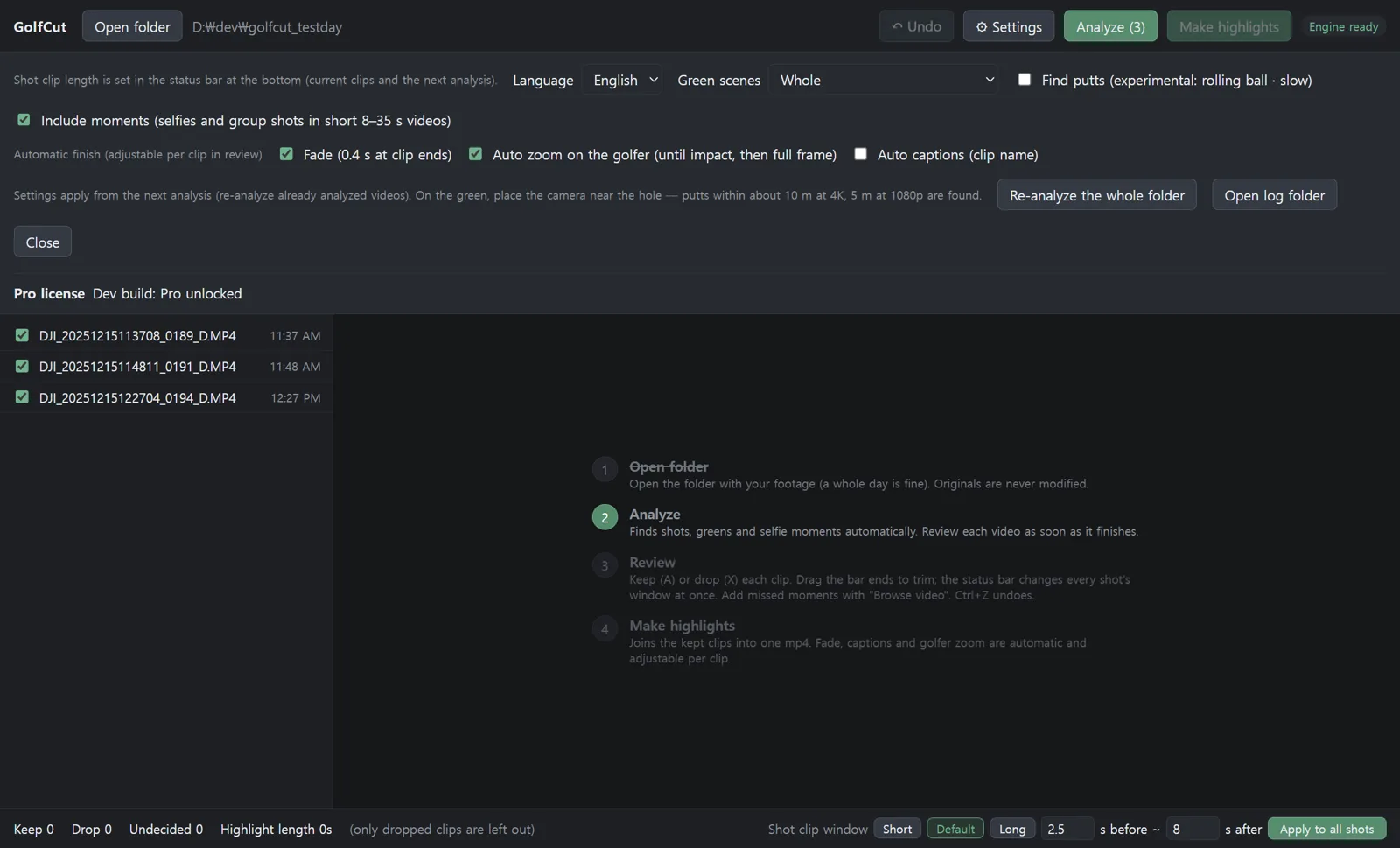GolfCut settings — language, green scenes, finish defaults, Pro license